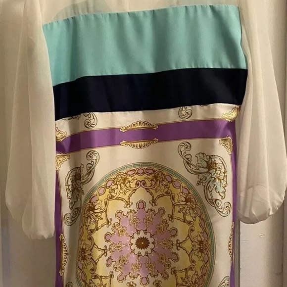 Dana Morgan White Blue Purple Design Dress Size 12 - Picture 3 of 11